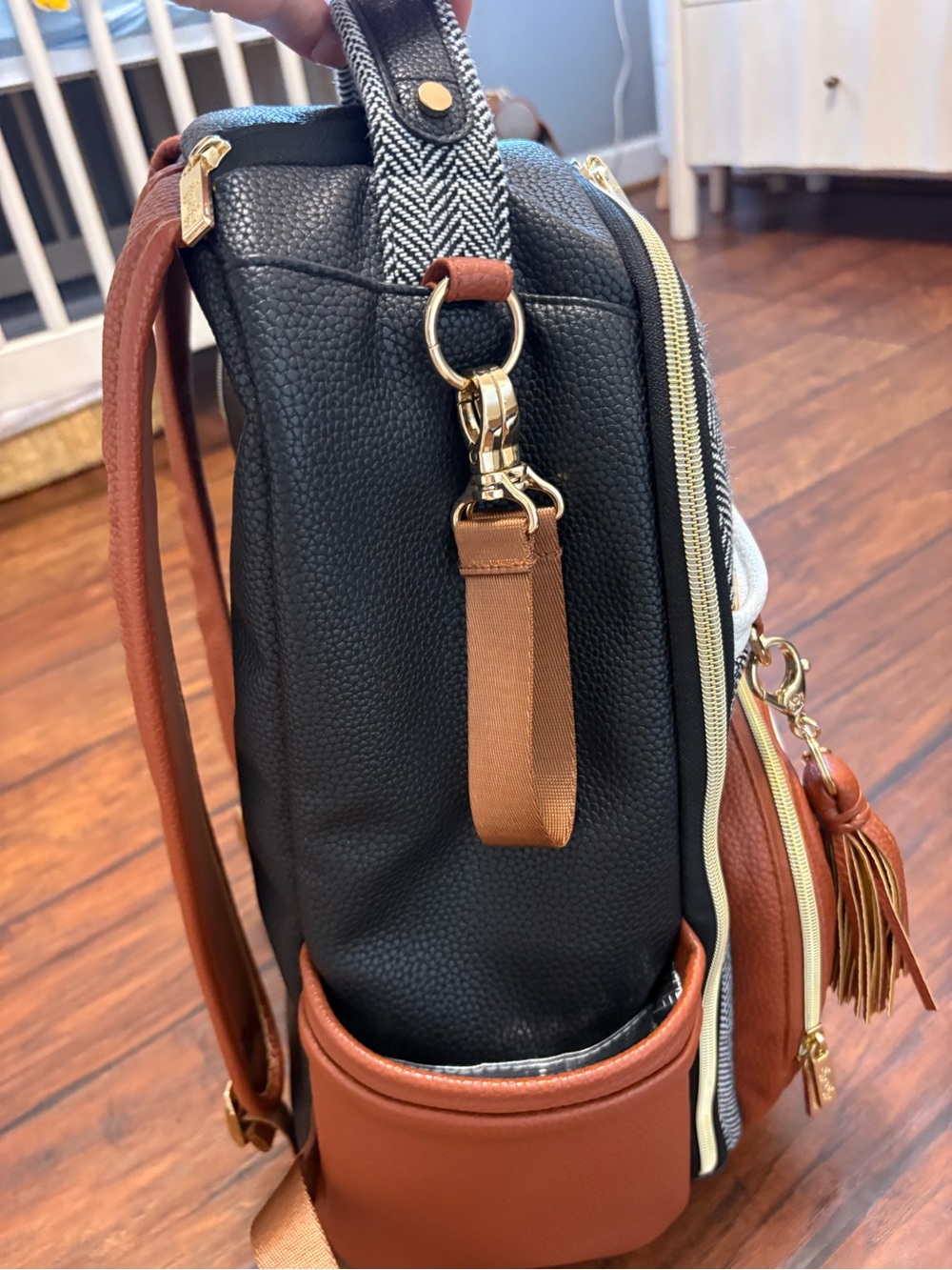 Itzy Ritzy Black Herringbone, White & Brown Backpack Purse - Picture 7 of 11